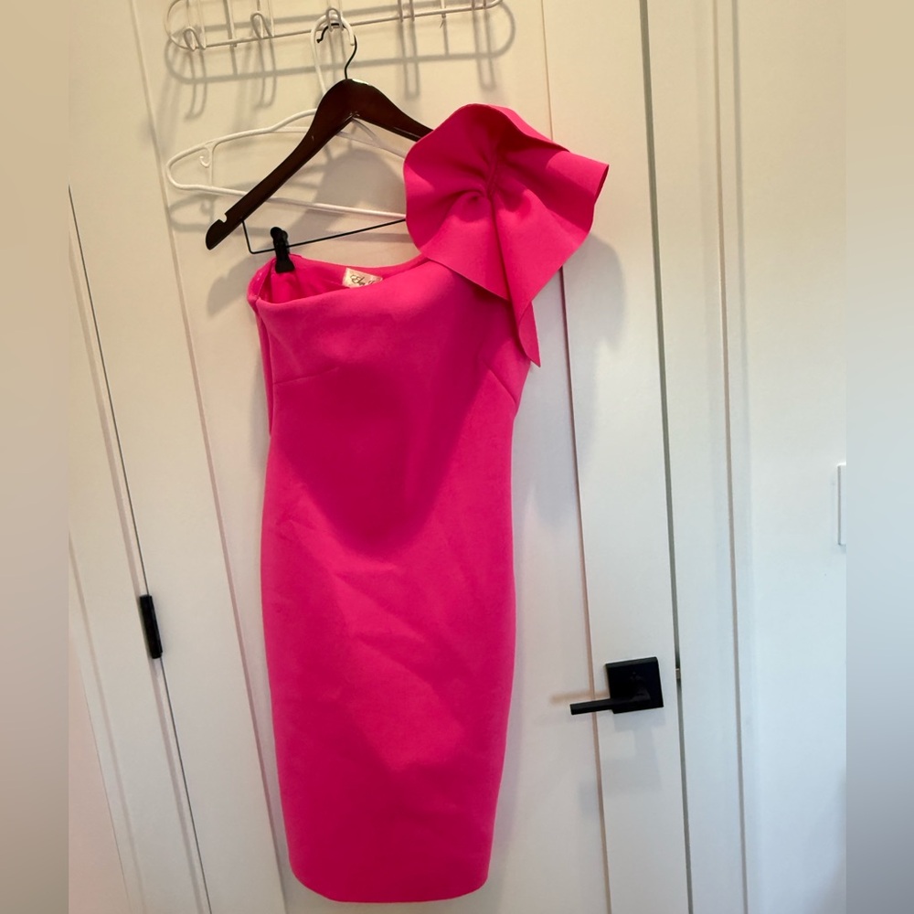 One-Shoulder Pink Ruffle Sheath Dress - Picture 2 of 5